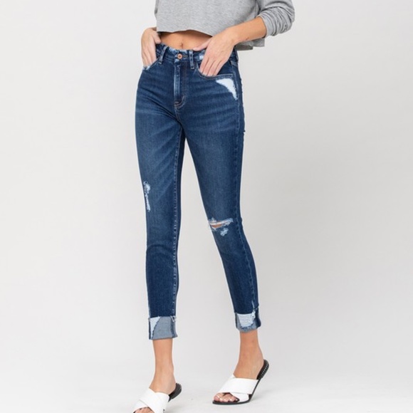 NWT High Rise Distressed Cropped Skinny Cuffed Jeans - Picture 4 of 6